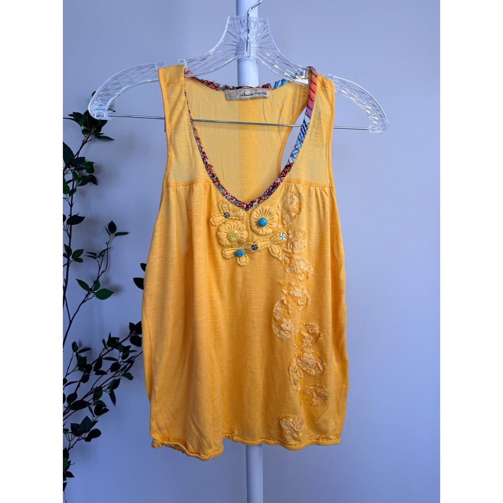 American Rag Cie Yellow Embroidered Boho Tank Top Lace Beads Racerback Womens S - Picture 2 of 6